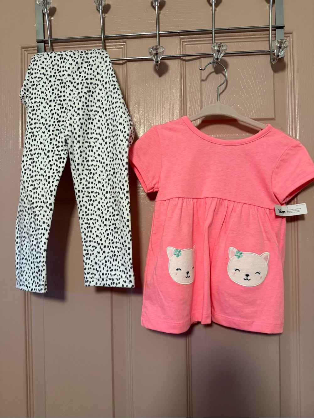 child of mine Coral Pink Kitty Pocket Tee with Black-and-White Spot Leggings